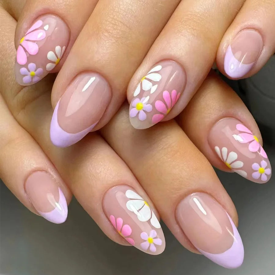 24 peças de unhas postiças com design de flor vermelha, unhas postiças francesas ovais, com acabamento em amêndoa curta, pontas de unhas postiças datáveis e de pressão