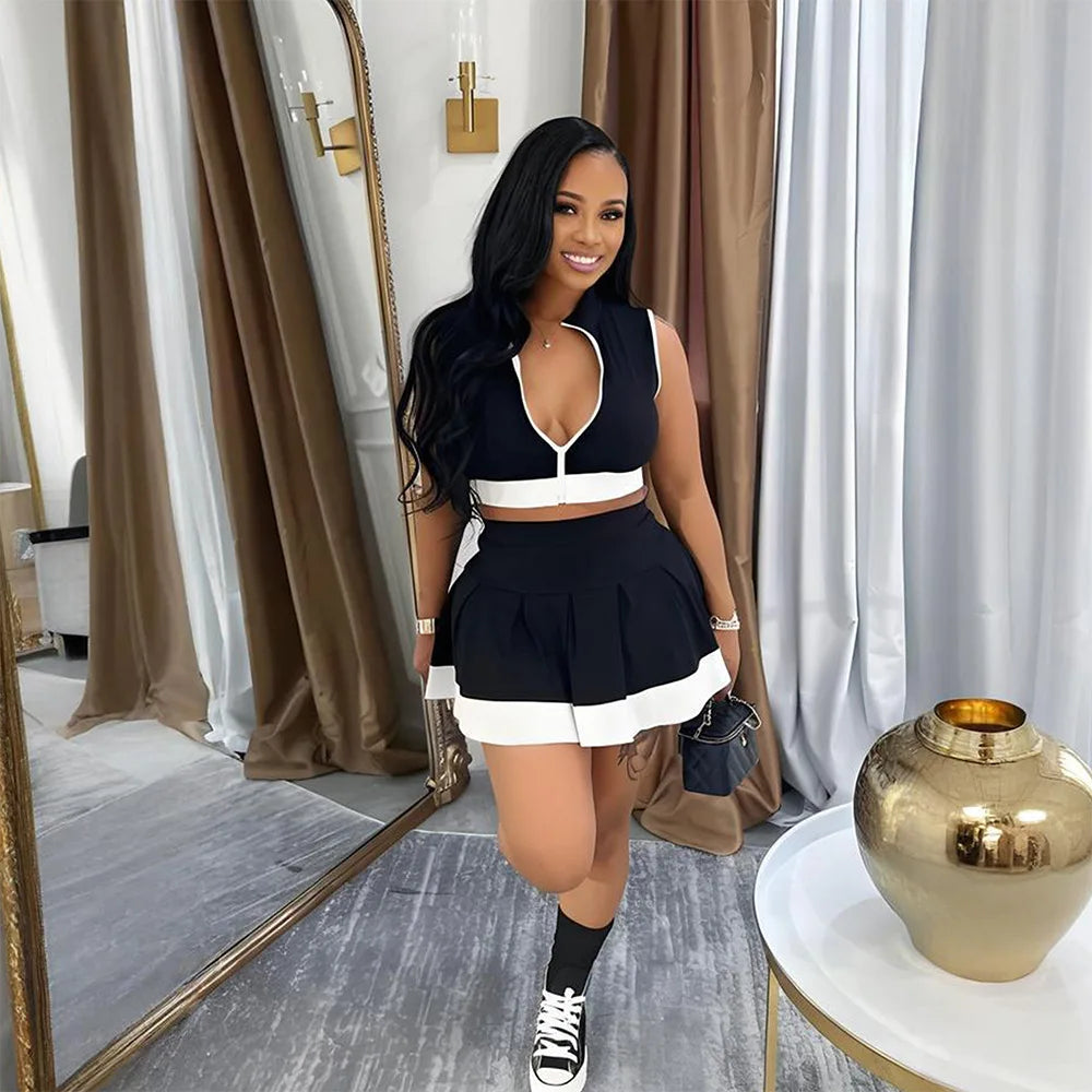 CM.YAYA Women's Set Sleeveless V-neck Vest + Pleated Skirts 2025 Summer Cute Street Beach Two 2 Piece Sets Outfits Tracksuit Black