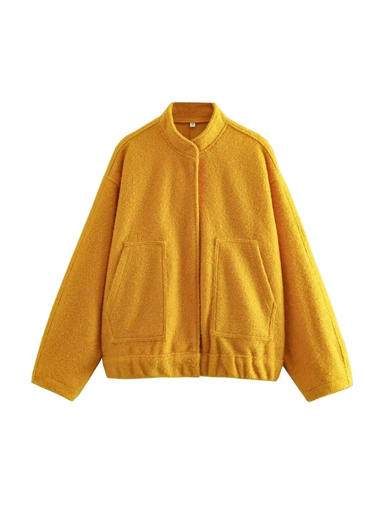 Women Fashion With Pockets Oversized Bomber Jacket Coat Vintage Long Sleeve Snap Button Female Outerwear Chic Tops as picture 6