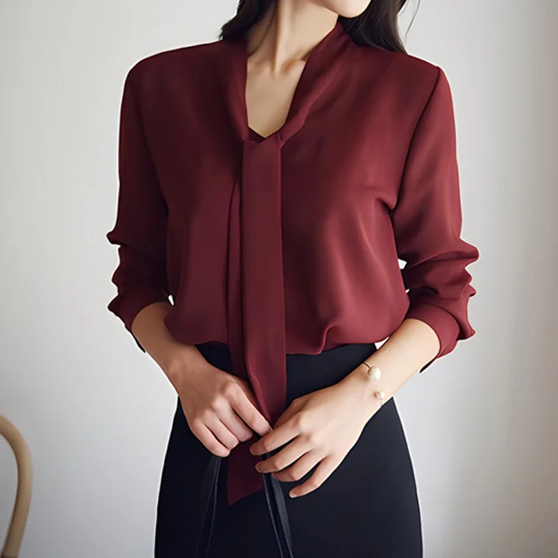 한국인 리뷰 많은 옷 Women Blouse Shirts Korean Fashion Office Autumn Long Sleeve Tie Bow Chiffon Turtleneck Formal Shirts E335-8152jiuhong