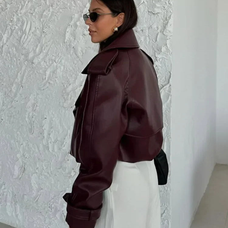 Fashion Burgundy Lapel Leather Jackets For Women Casual Loose Pockets Long Sleeve Coats Autumn Lady High Street Outerwear