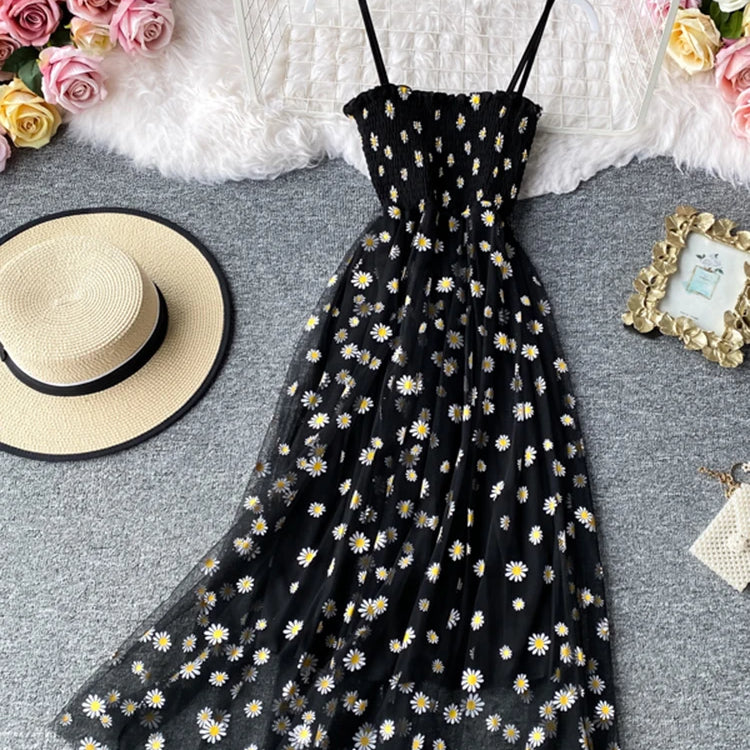 Summer Beach Mesh Floral Dress Women Vintage Elegant Sexy Beach Sundress Woman Party Night Korean Kawaii Vestidos black One Size