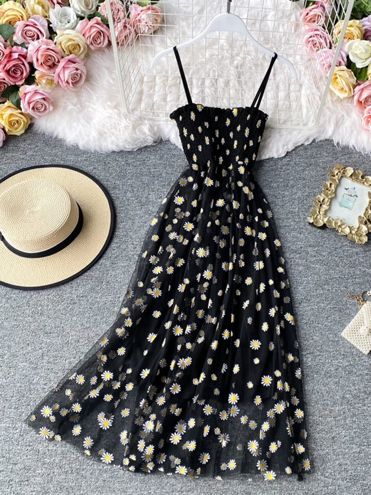 Summer Beach Mesh Floral Dress Women Vintage Elegant Sexy Beach Sundress Woman Party Night Korean Kawaii Vestidos black One Size