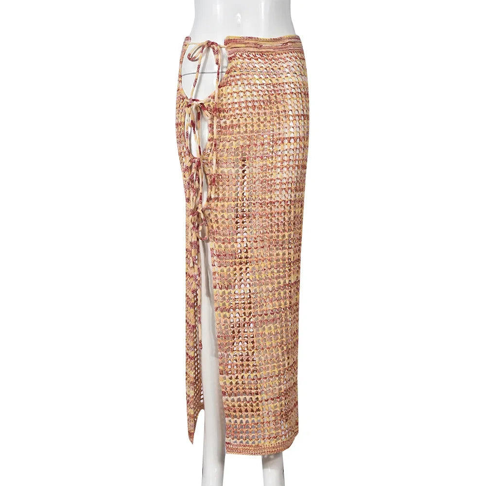 Colorful Crochet Knitted Women Summer Beach Maxi Skirt Hollow Out Side Split Lace Up High Waist Stretch Holiday Bikini Cover Ups Multicolor