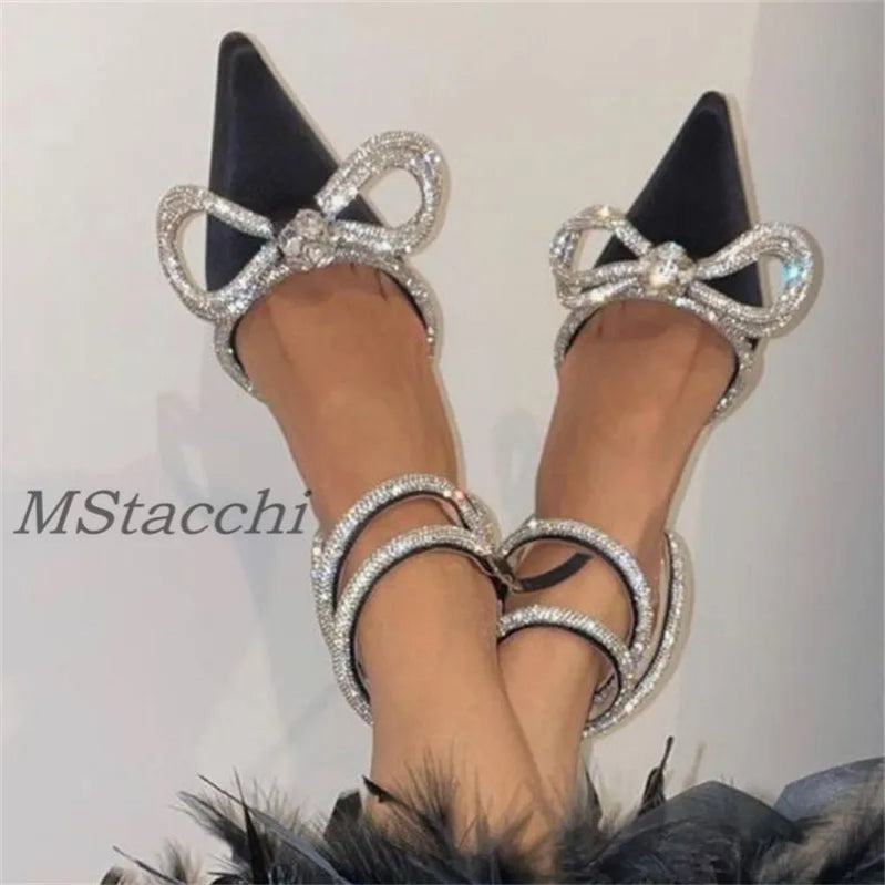 Glitter Rhinestones Women Pumps Crystal Bowknot Satin Sandals 2025 Summer Transparent Shoes High Heels Party Prom Designer Shoes