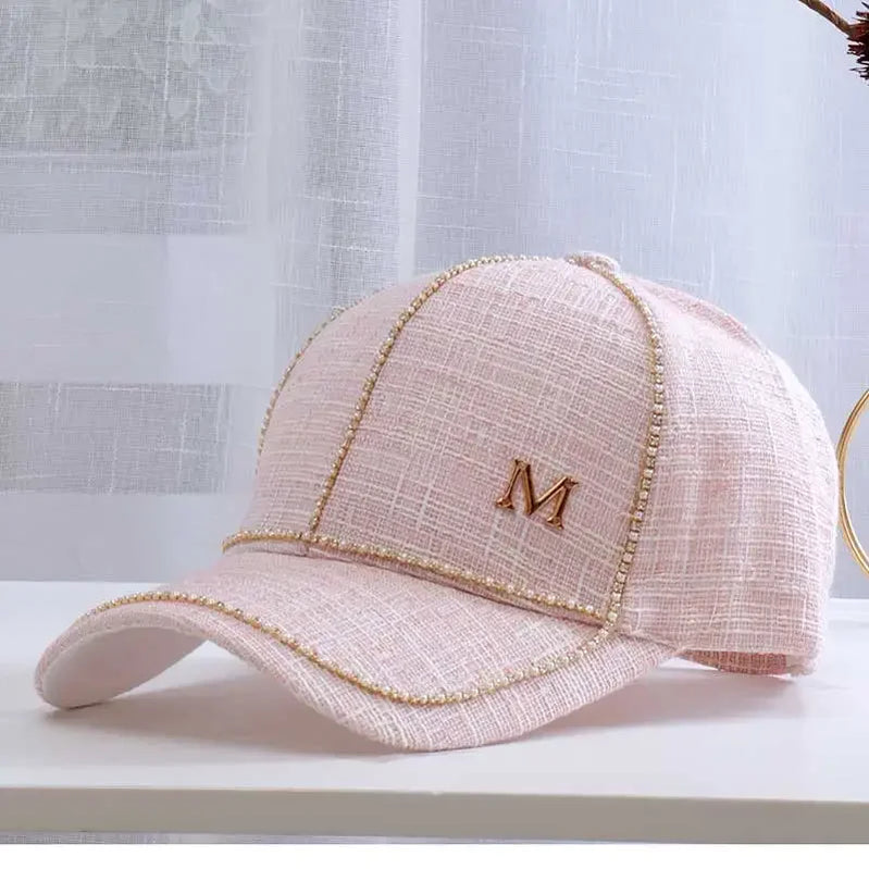 Women Letter M Baseball Caps For Female Adjustable Hip Hop Fashion Shiny Hats Pink