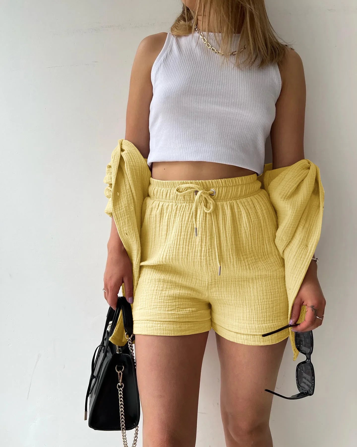 2 Piece Casual Sleepwear Cotton Pajamas for Women Turn-Down Collar Sleep Tops Suits with Shorts Gauze Cardigan Homewear Summer Yellow