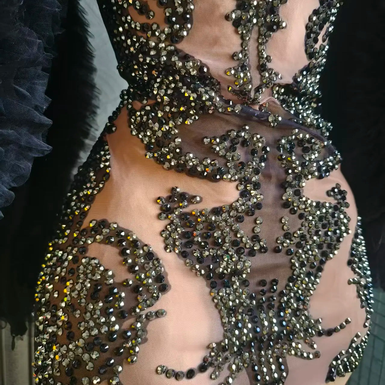 Women Sexy Mesh See Through Black Crystal Stretchy Night Club Celebrity Singer Dancer tage Costume Mini Party Dress