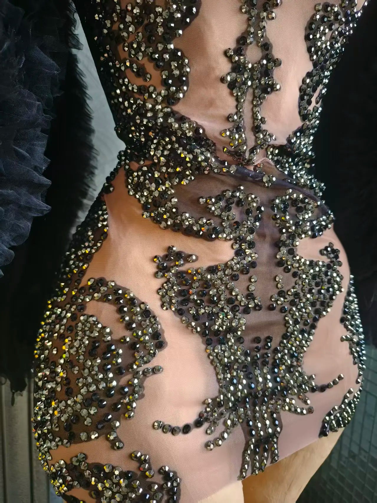 Women Sexy Mesh See Through Black Crystal Stretchy Night Club Celebrity Singer Dancer tage Costume Mini Party Dress