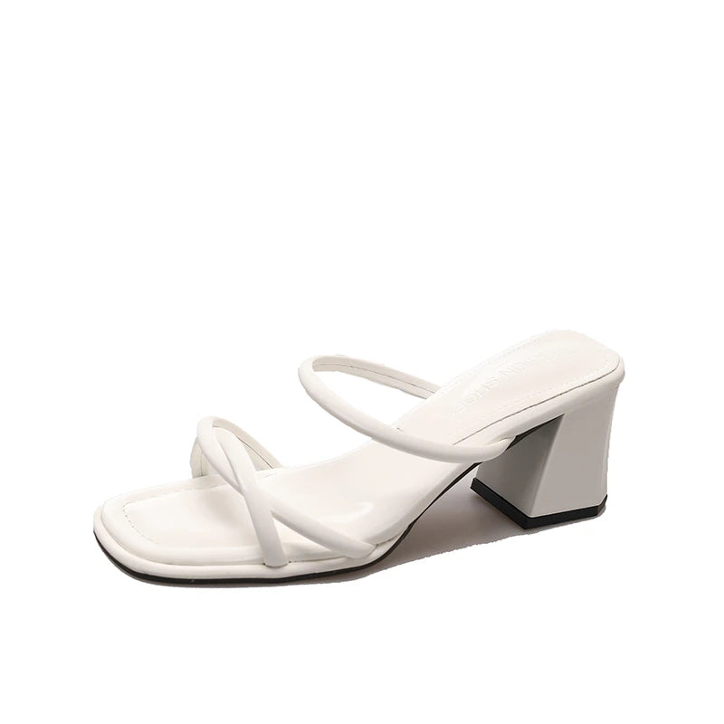 Woman Summer Sandals Open Toe Sandal Dress Shoes Women’s High Heels Sandals Square Heeled Pumps Ladies Shoes WHITE