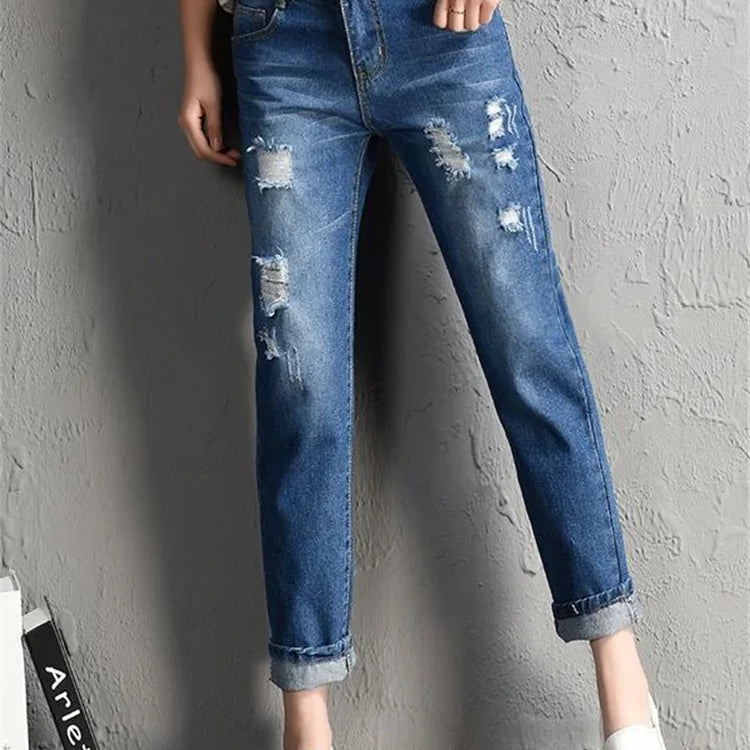 Fashion New Women Mid Waist Boyfriend Big Ripped Hole Jeans Casual High Street Denim Pants Sexy Vintage Pencil Jeans y2k DEEP BLUE