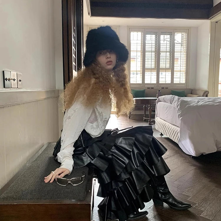 Spring Autumn Black Pu Leather Midi Tiered Skirt Women with Elastic High Waist Long Elegant Luxury Designer Clothes