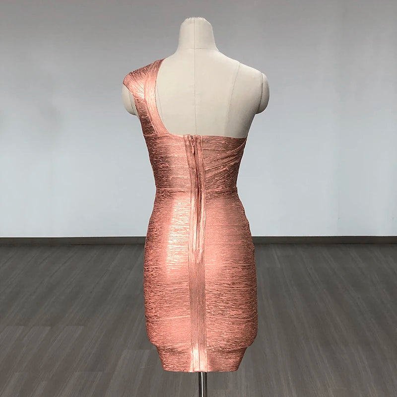 New Pink Foil Color Women Sexy One Shoulder Bodycon Mini Bandage Dress Celebrate Fashion Birthday Party Cocktail Dress