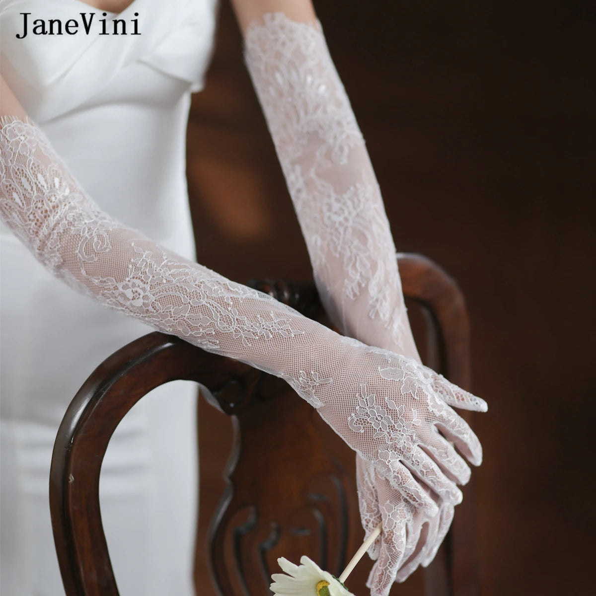 Elegant 60cm Long White Bridal Gloves Lace Hollow Tulle Gloves Full Finger Women's Wedding Dress Party Accessories