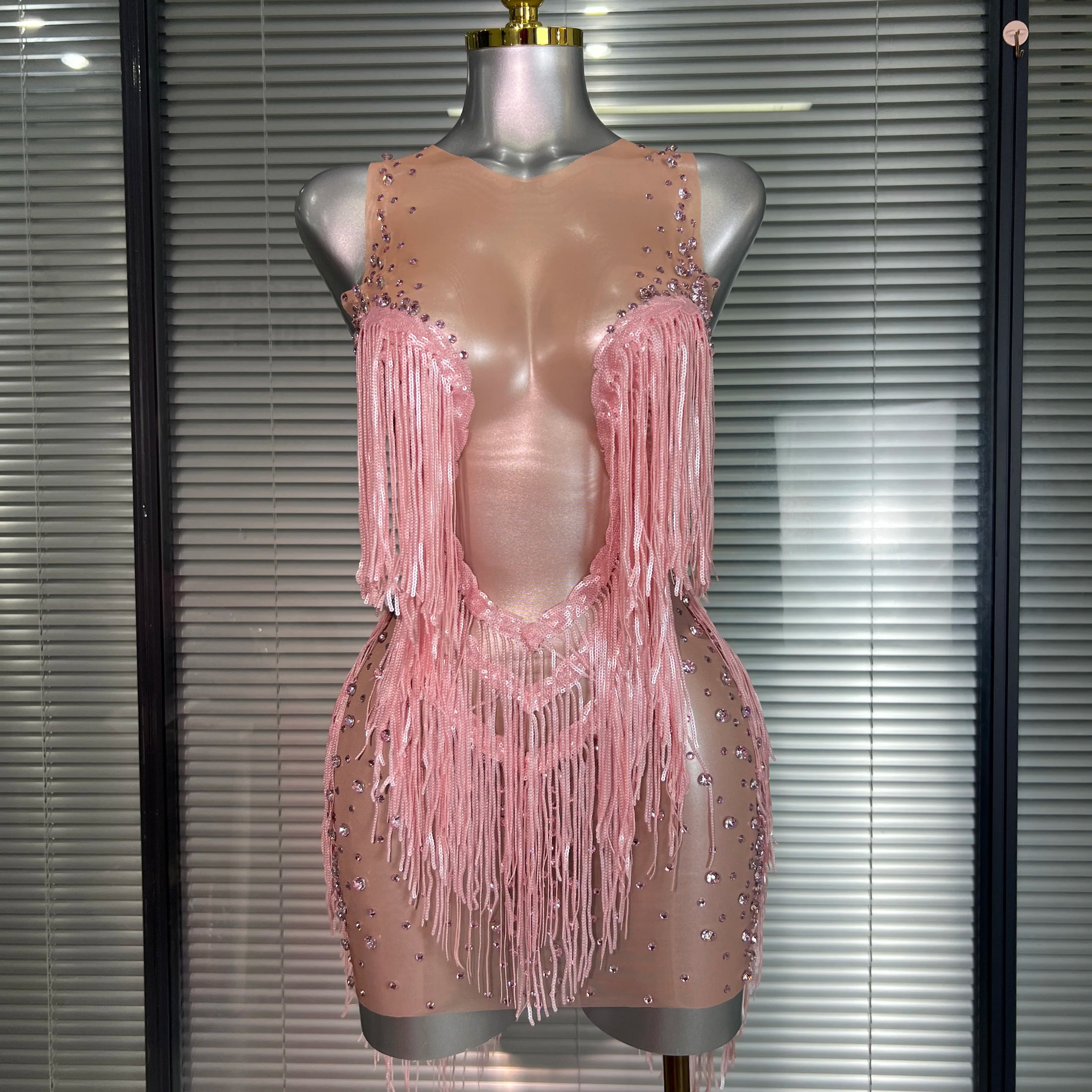 Celebrity New Women Sexy Mesh Sheer Crystal Stage Costume Stage Dancer Night Club Tank Mini Party Dress Coat 2 Pieces Set