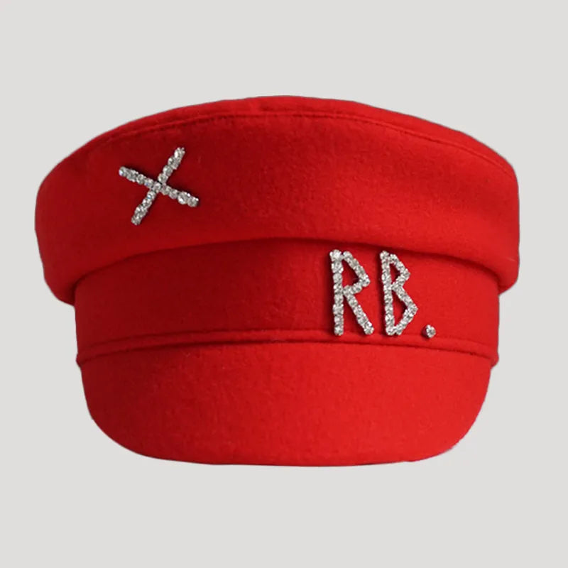 Women Hats Crystal baker boy hat Wool Newsboy Caps Female Flat Militray Caps Visor S-XL Wool-red