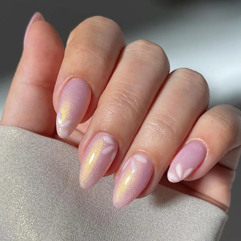 24Pcs Almond Green Press on Fake Nails with Glue Simple Oval Manicure Set Short Flowers Design False Nails Full Cover Nail Tips