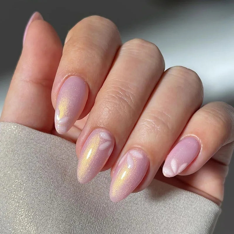 24Pcs Almond Green Press on Fake Nails with Glue Simple Oval Manicure Set Short Flowers Design False Nails Full Cover Nail Tips