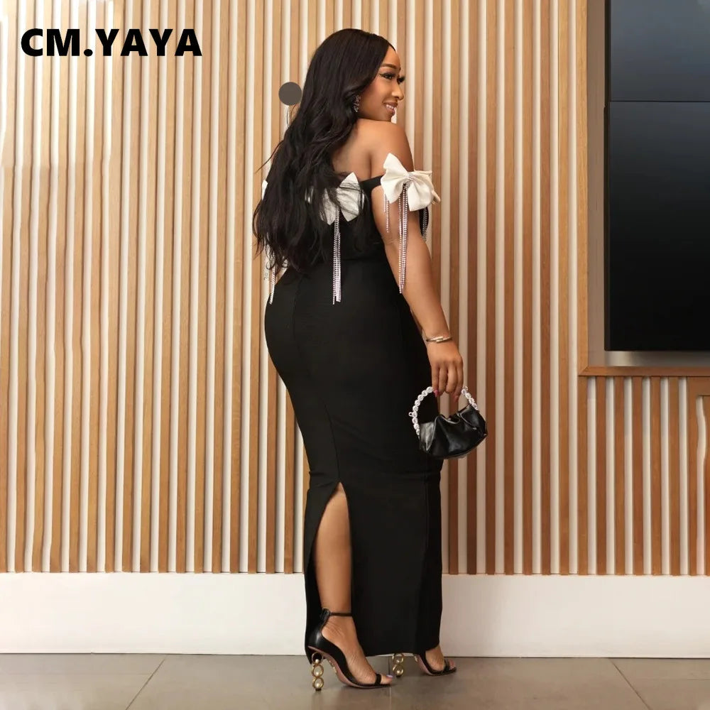 CM.YAYA Women Bow Tassel Slash Neck Maxi Dress 2024 Fall Winter Sexy Birthday Evening Prom Party Street Long Dresses Vestidos