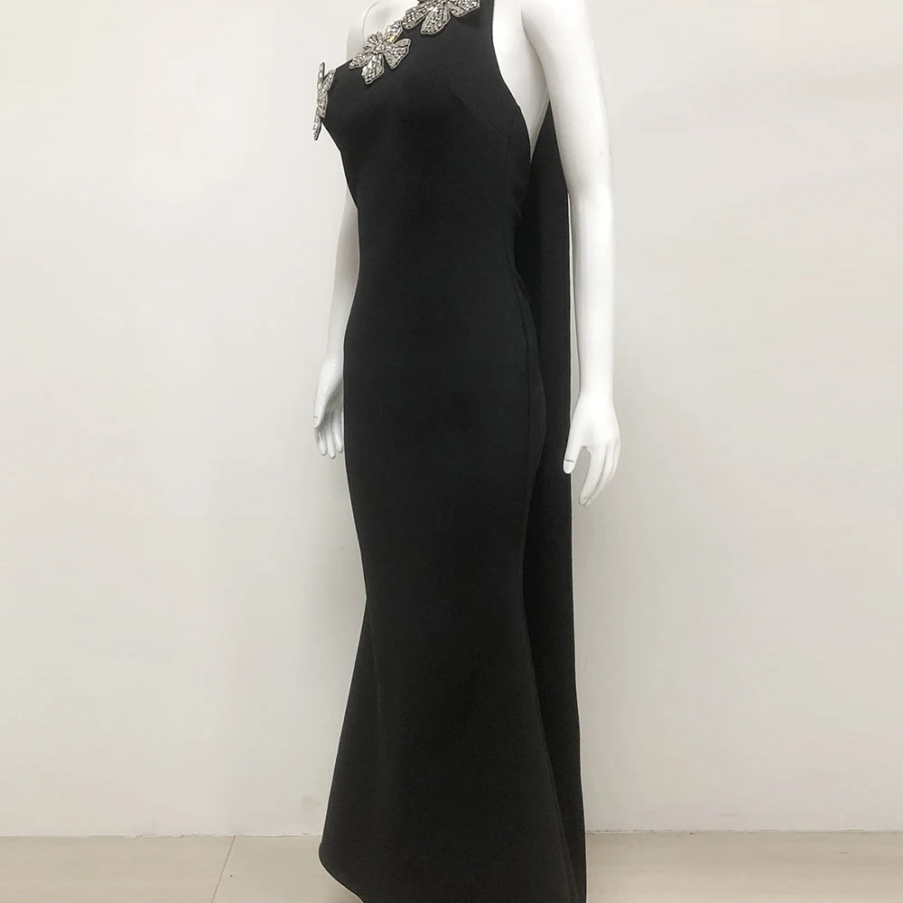 Elegant Solid Diamond Flower Bandage Women Halter Dress Off Shoulder Sleeveless Backless Slim Female Maxi Dresses 2025 Lady Robe