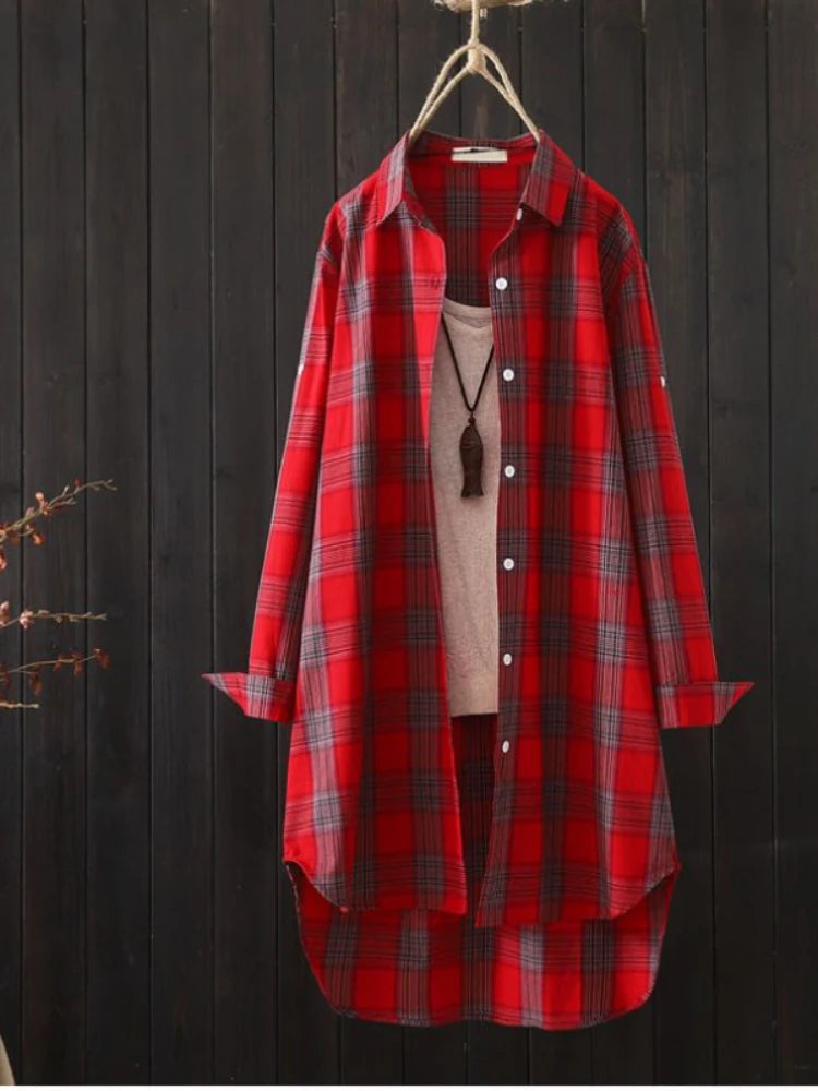 Plaid Medium Long Blouses Casual Style Loose Shirts Female Summer Beach Sunscreen Blouses Fashion Korean Style Female Blouses