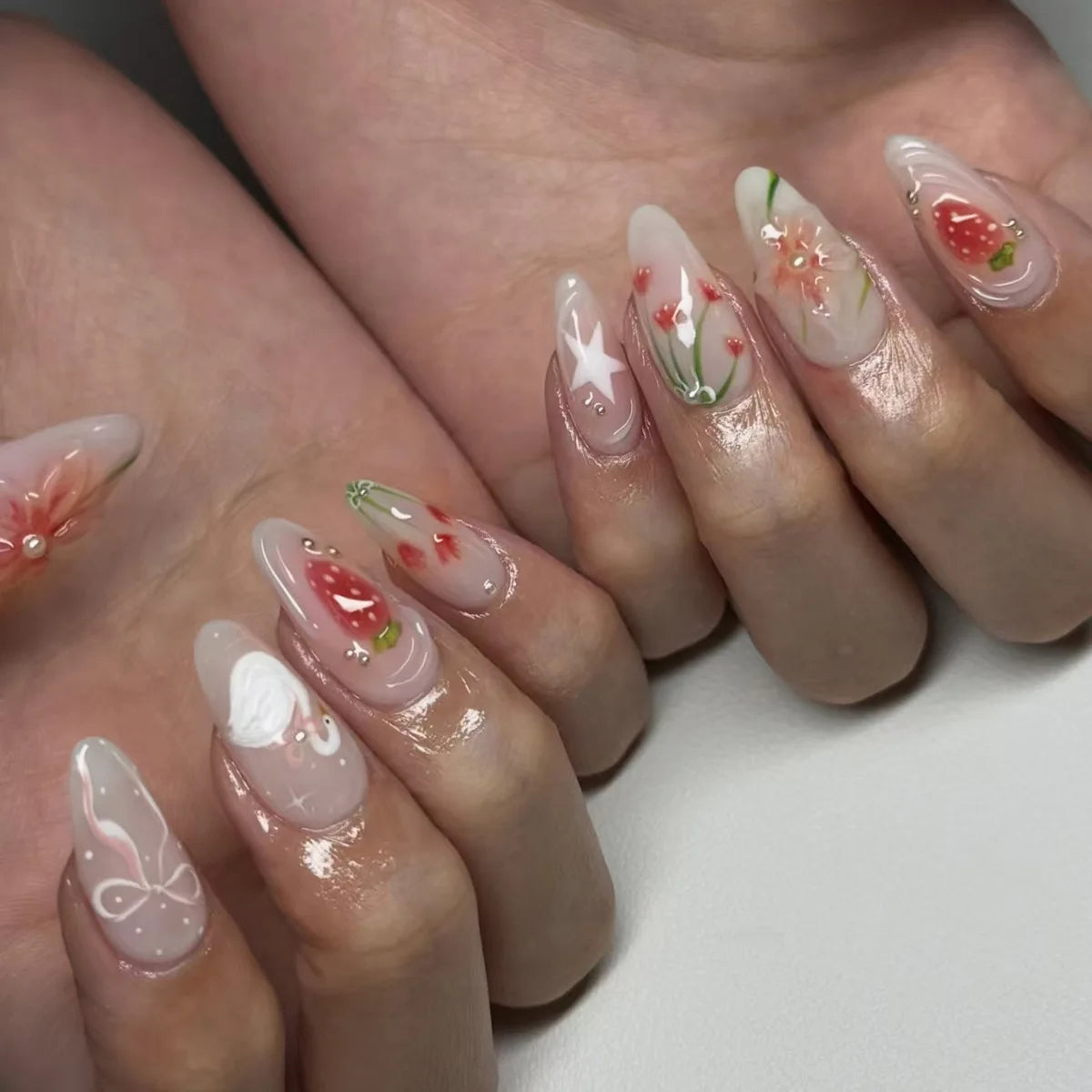 24pcs/set Medium fake nails for women girls 3D embossed flowers fruit shell rhinestones design Almond tips press on false nail