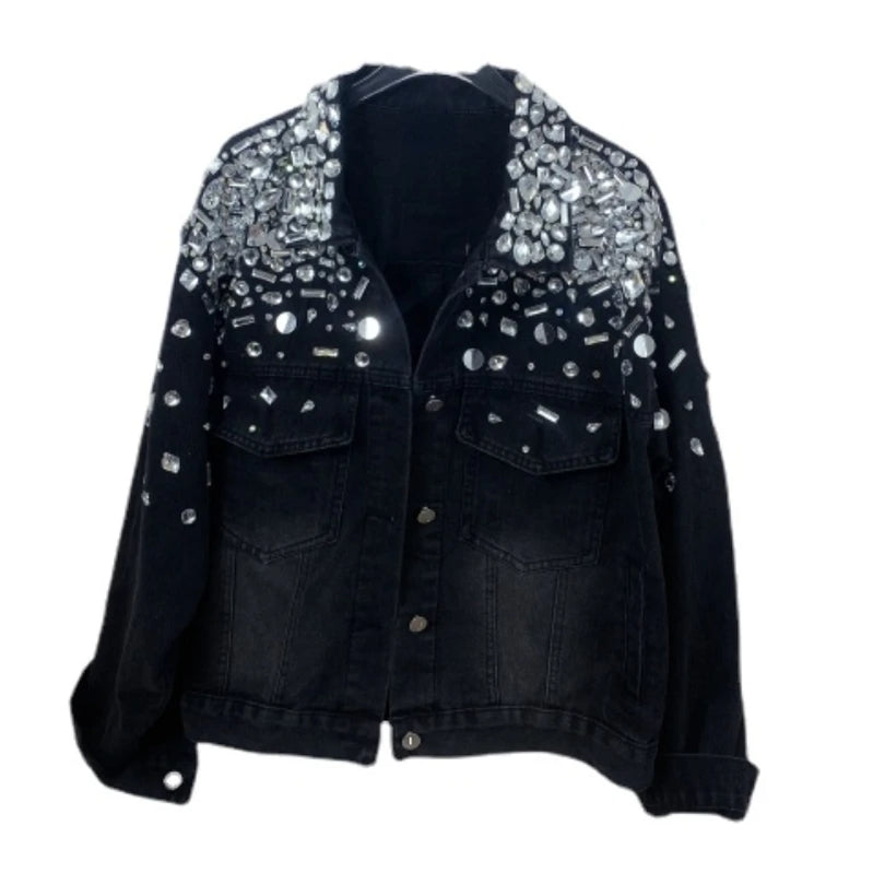 Studded Black Denim Jacket Woman Fashion Brand Designer Model Heavy Industry Rhinestone Beaded Sequins Street Diamond Jean Coat