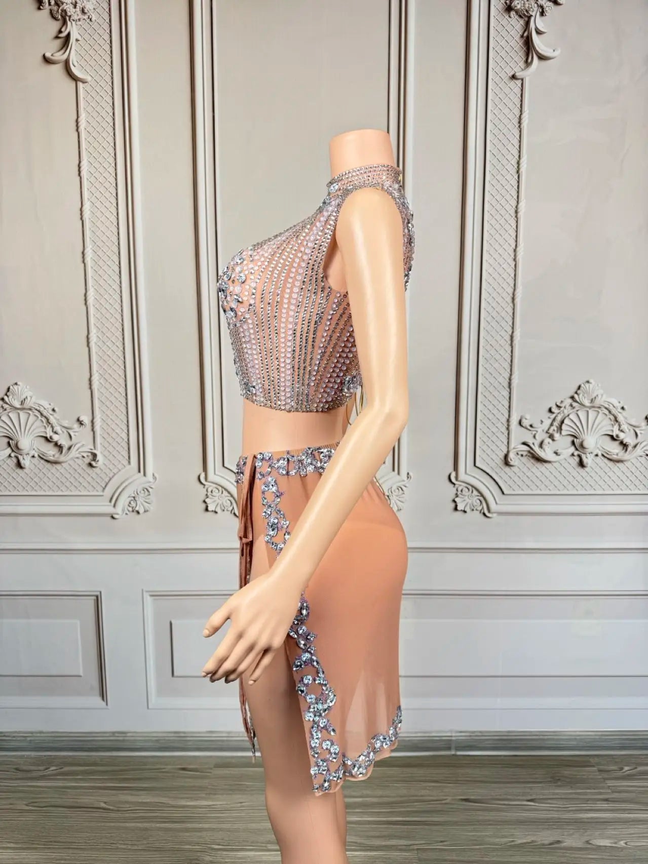 Sparkly Rhinestone Crop Tops Mini Skirt 2Pieces Set Festival Party Mesh Outfit Side Slits Bodysuit Event Dance Sexy Wear Luzhu