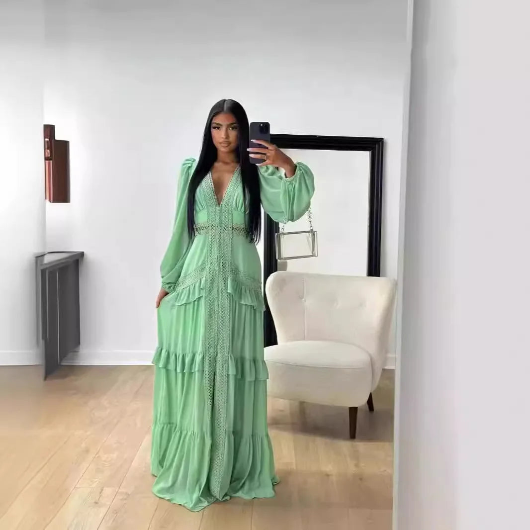 CM.YAYA Women V-neck Full Sleeve Ruffles Lace Long Maxi Dress 2025 Spring Beach Holiday Party Sexy Street Vestidos Sexy Dresses