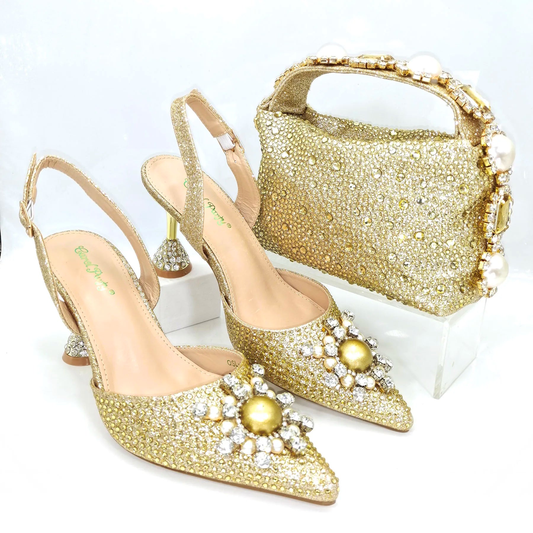 Gold Color Elegant Lady Shoes And Bag Set with Rhinestone Embellished Pearls-knot Wear-resistant And Comfortable Heel