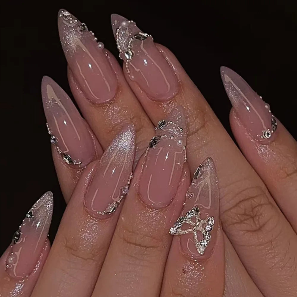 24pcs/set Short Medium fake nails for women girls gradient shiny glitters heart french Square almond tips Press on false nail