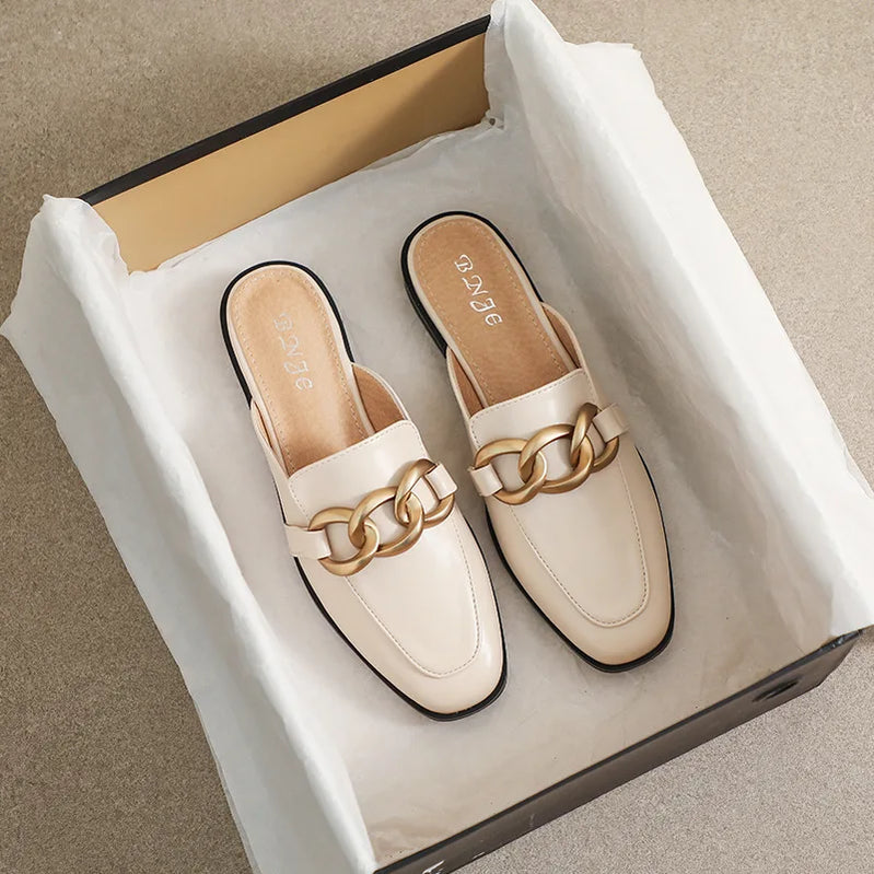 Woman mules fashion design Flat Square Toe Chain Backless Shoes Summer outdoor and indoor office wear White black free delivery