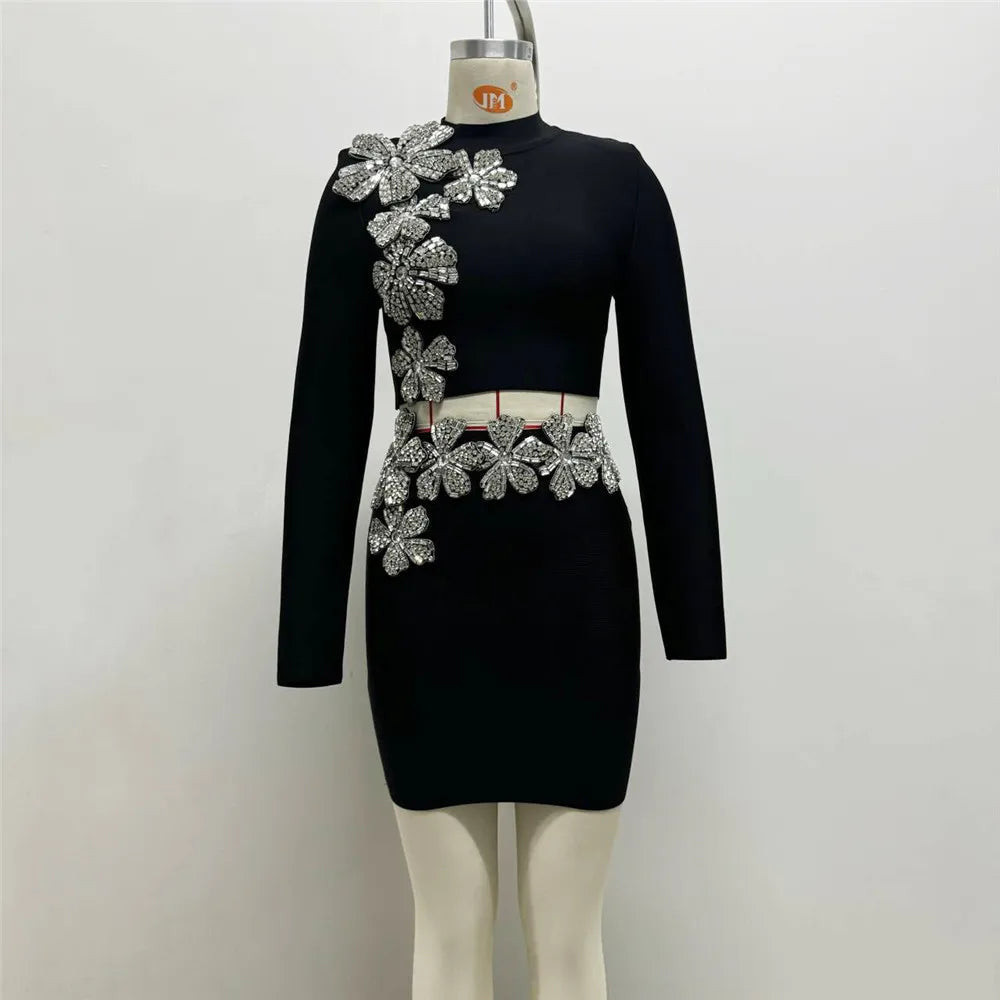 Women Long Sleeve Diamond Florals Bodycon 2 Pieces Mini Bandage Dress Celebrate Nightclub Party Birthday Dress