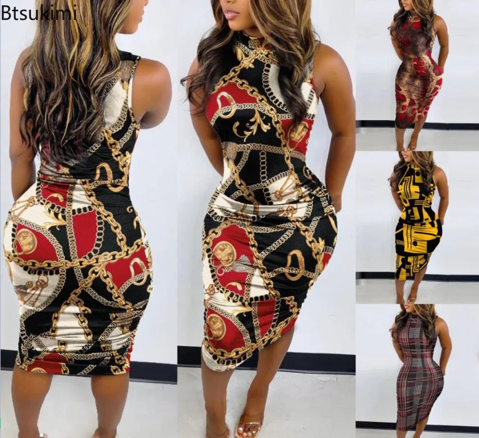 Summer Women Sleeveless Dress Printed Sexy Slim Pullover O Neck Midi Bodycon Dress Nightclub Party Elegant Evening Dresses