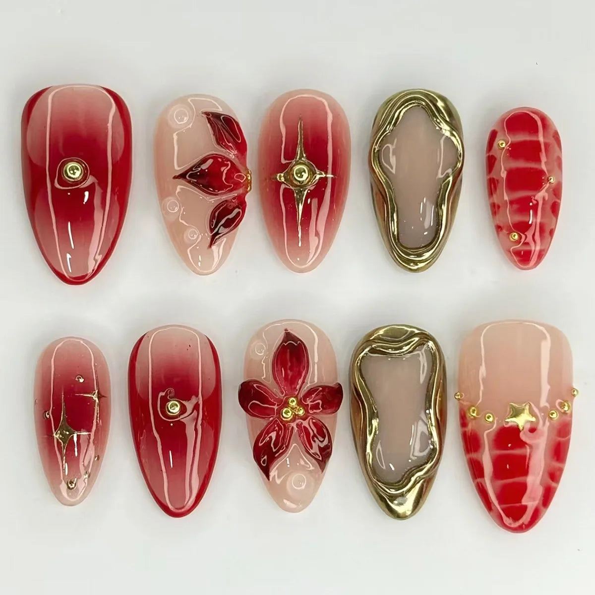 24pcs Sweet Cool Press on Nails with Red Flower Print Y2k False Nails for Girl Wearable Detachable French Almond Fake Nail Tips
