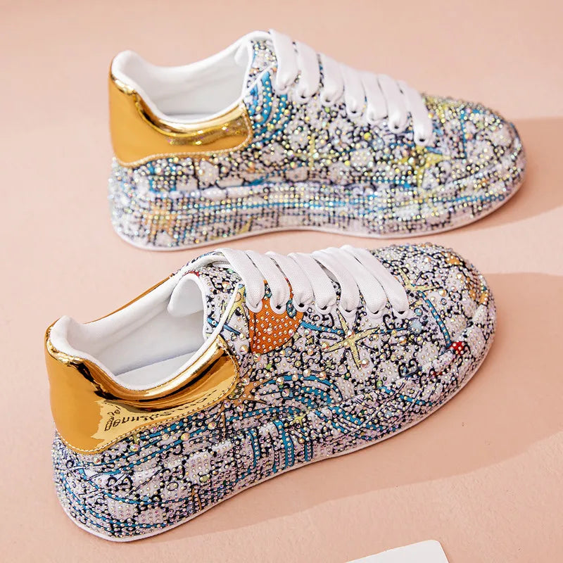 Sneakers Women's Big Size New Color Rhinestone Fashion Women Loafers Platform Fashion Shiny Women's Shoes Graffiti Rhinestone