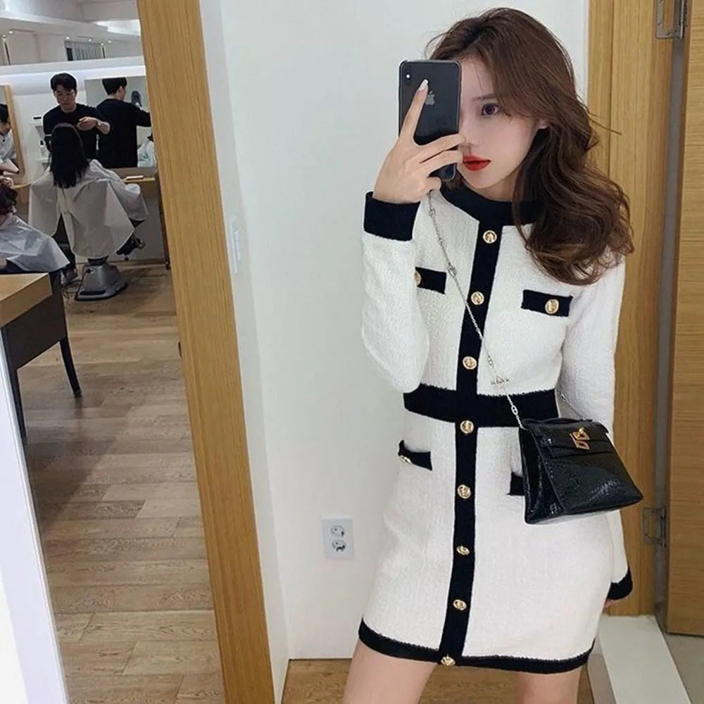 Fashion Korean Style Knitted Dress Winter White Black Women Knit Bodycon Dress Elegant Long Sleeve Dress Knitwear For Women WHITE