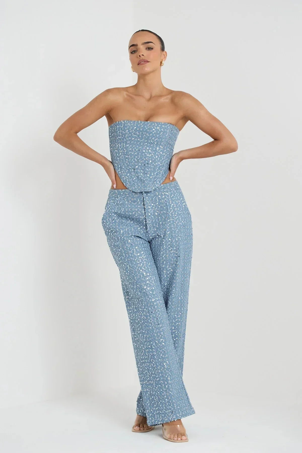 Feilandy Sexy Sequins Strapless Tanks Loose Pants Sets Women's Fashion 2 Piece Skirts Sets Female Luxury Party Club Chic Outfits blue pants sets