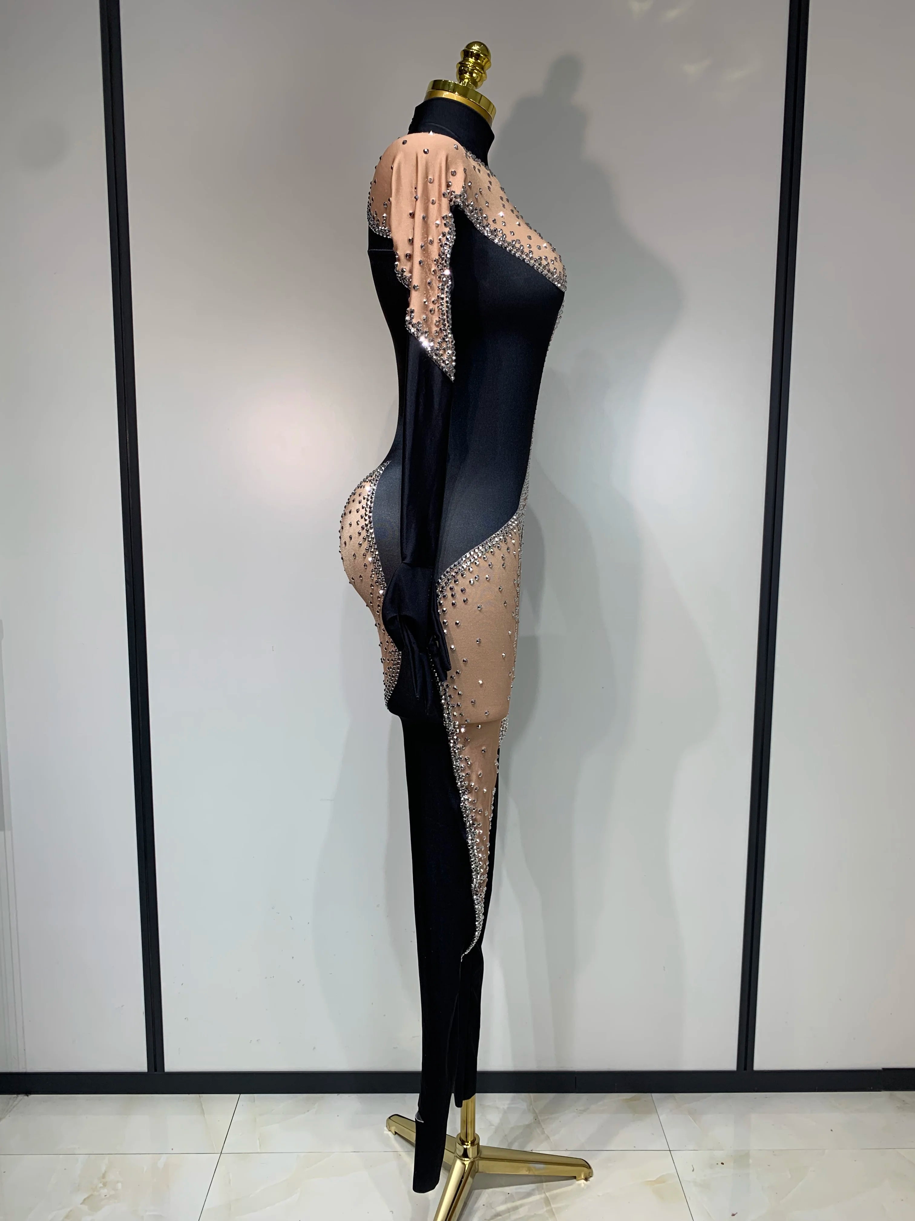 Fashion Sparkly Rhinestone Bodycon Bodysuit Female Singer Dancer Stage Perform Outfit Luxury Birthday Club Drag Queen Costume