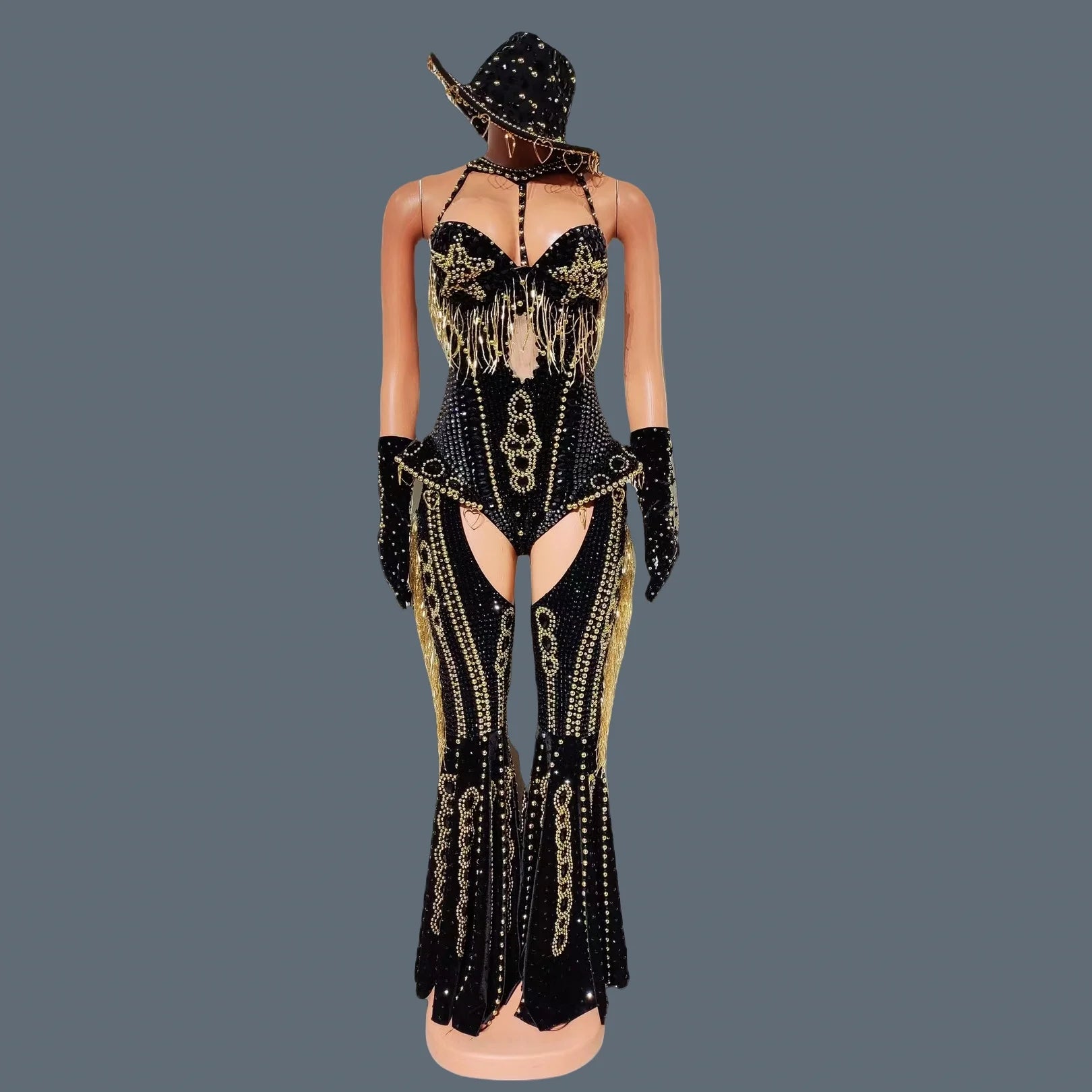 Sparkly Rhinestone Tassel Luxury Bodysuit 4Piece Set Cowboy Night Out Party Outfit Stage Show Jumpsuit Carnival Wear Hongding
