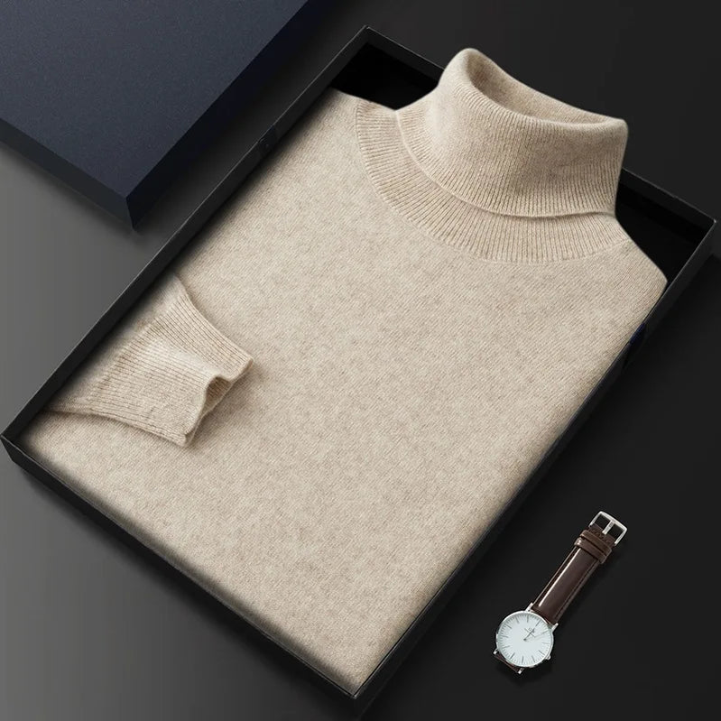100% Cashmere Turtleneck Men Pullovers Autumn Winter Soft Light Warm Rolled Neck Jumper Jersey Pull Homme Knitted Sweater Beige
