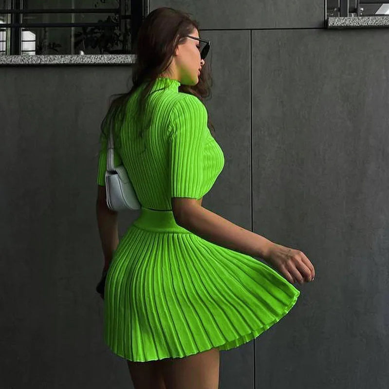 Women's Pit Stripe Knitted 2-Piece Set Short Sleeved High Collar Crop Top+High Waist Pleated Mini Skirt Spring Summer New 2022