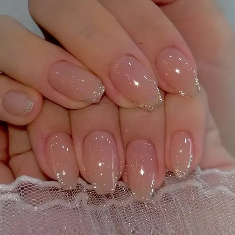 False Nails Broken Diamonds Fashion Gradient Wine Red Ballet Press on Fake Nails Glitter Mid-length French Nail Tips Art 24Pcs