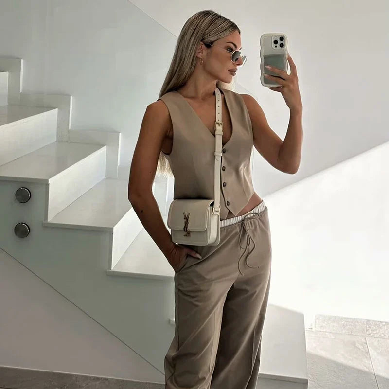 Women's Pants Set Summer New 2-piece Set Slim V-Necked Elastic Waist Pants Suit Chic Street Leisure Holiday Suit