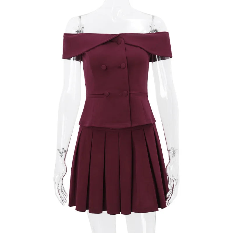 Mini Pleated Skirt Suits for Women Sexy Off Shoulder Tops and Skirt Two Piece Sets Summer Club Party Outfits Streetwear