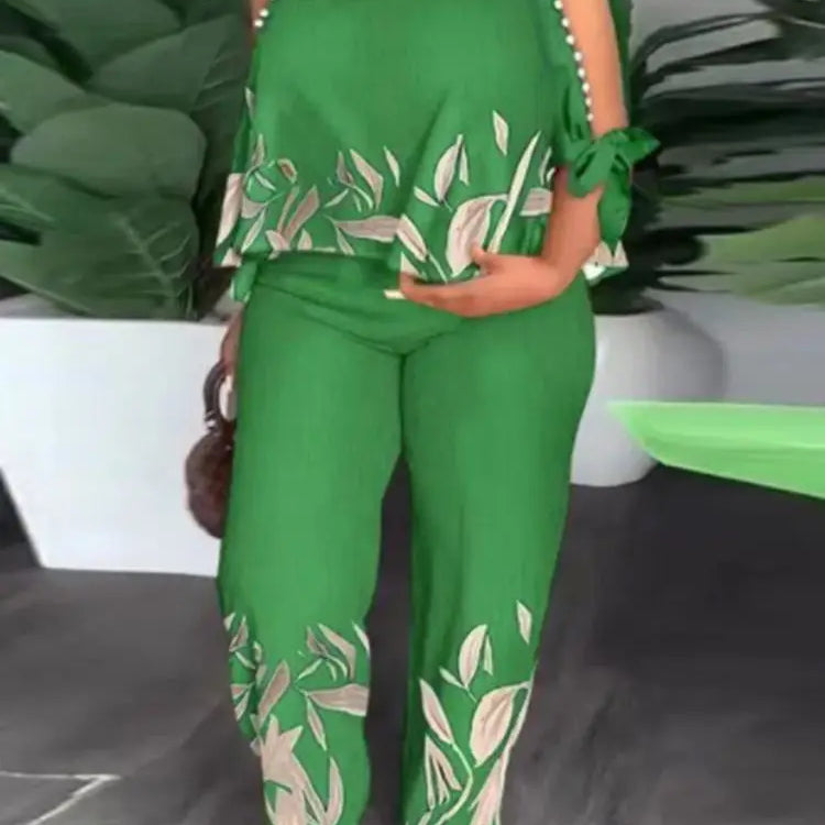 Plus Size 5XL Elegant Women Pant Sets 2024 VONDA Summer Cold Shoulder 2pcs Casual 3/4 Sleeve Tops Vintage Printed Matching Sets