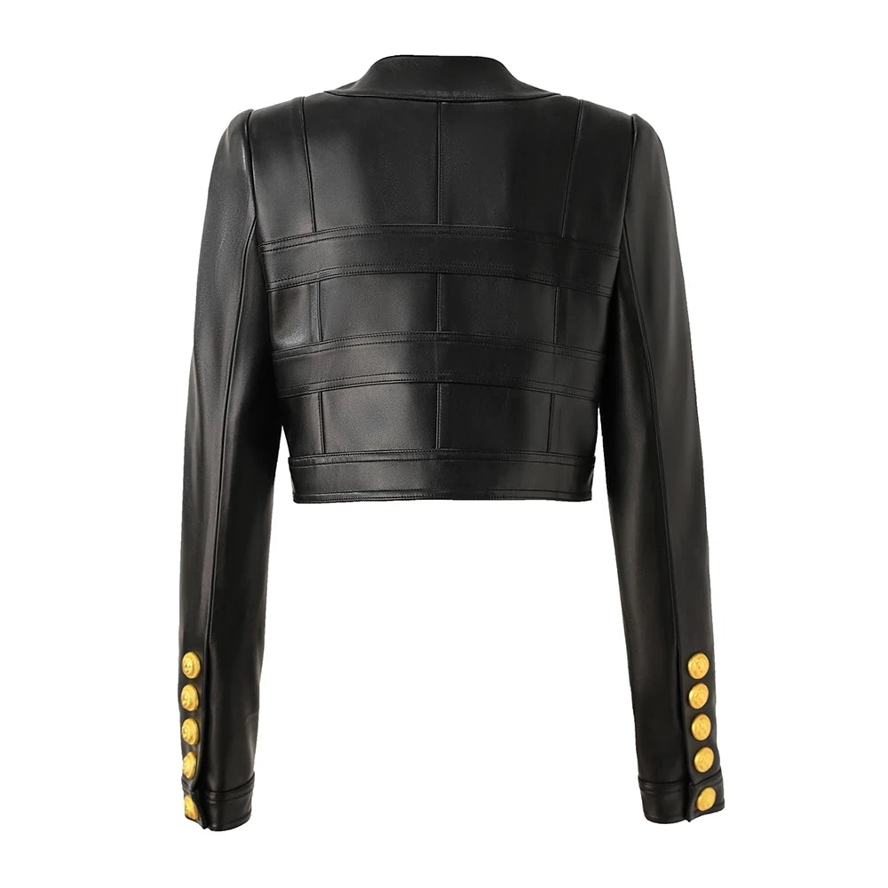 Fall Spring MotorBike Style Handsome Women Short Plaid Open PU Leather Outdoor Fashion Jacket
