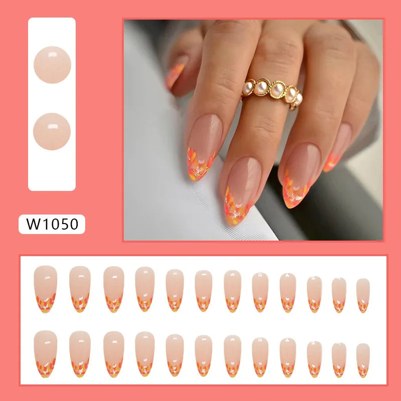 24pcs Autumn Leaf Glitter French Press on Nails Orange Almonds Fake Nails Full Cover Wearable False Nails