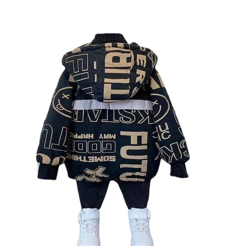 Boys' Winter Fleece Padded Coat Boys' Trendy Fashionable Cotton Coat Thickened Parka