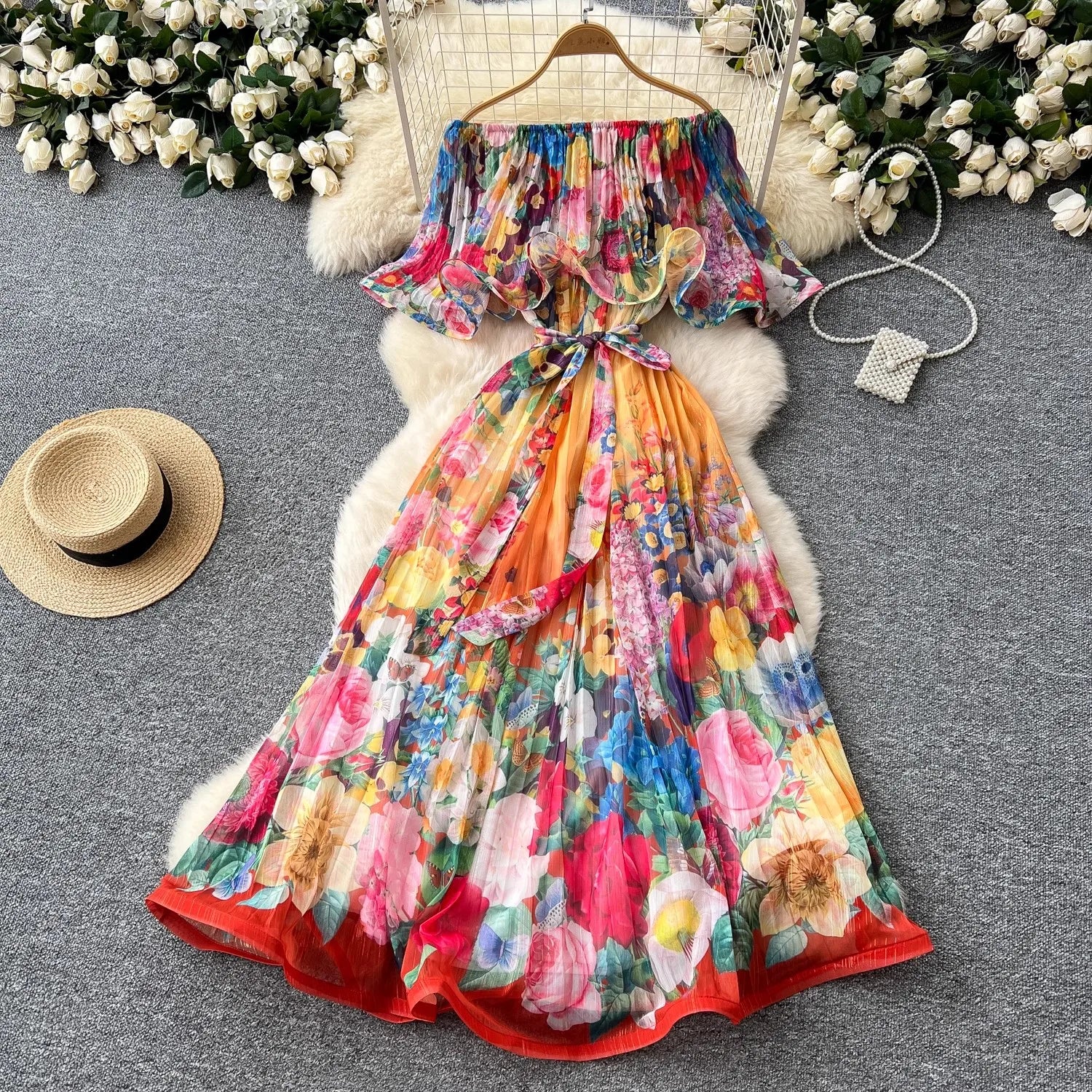 Summer Off Shoulder Gorgeous Flower Holiday Dress Women's Slash Neck Ruffles Batwing Sleeve Print Casual A-Line Beach Vestidos